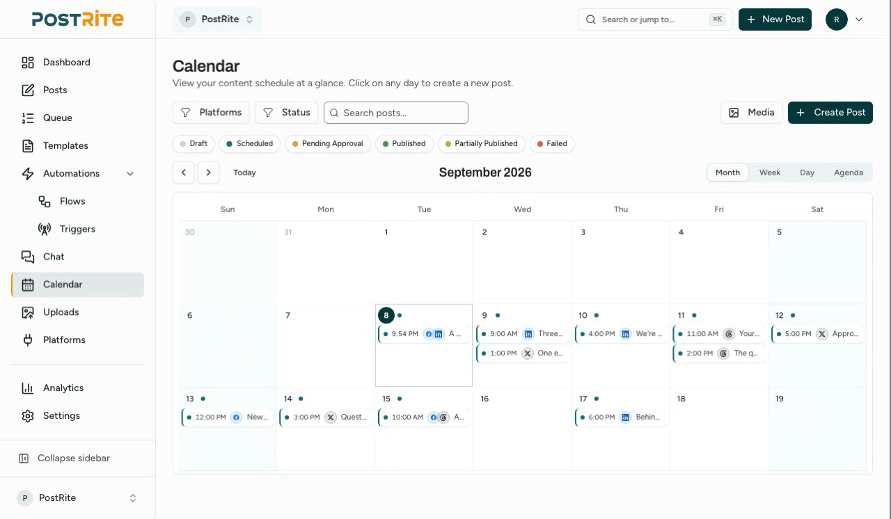 Moving through the calendar's month, week, day and agenda views.