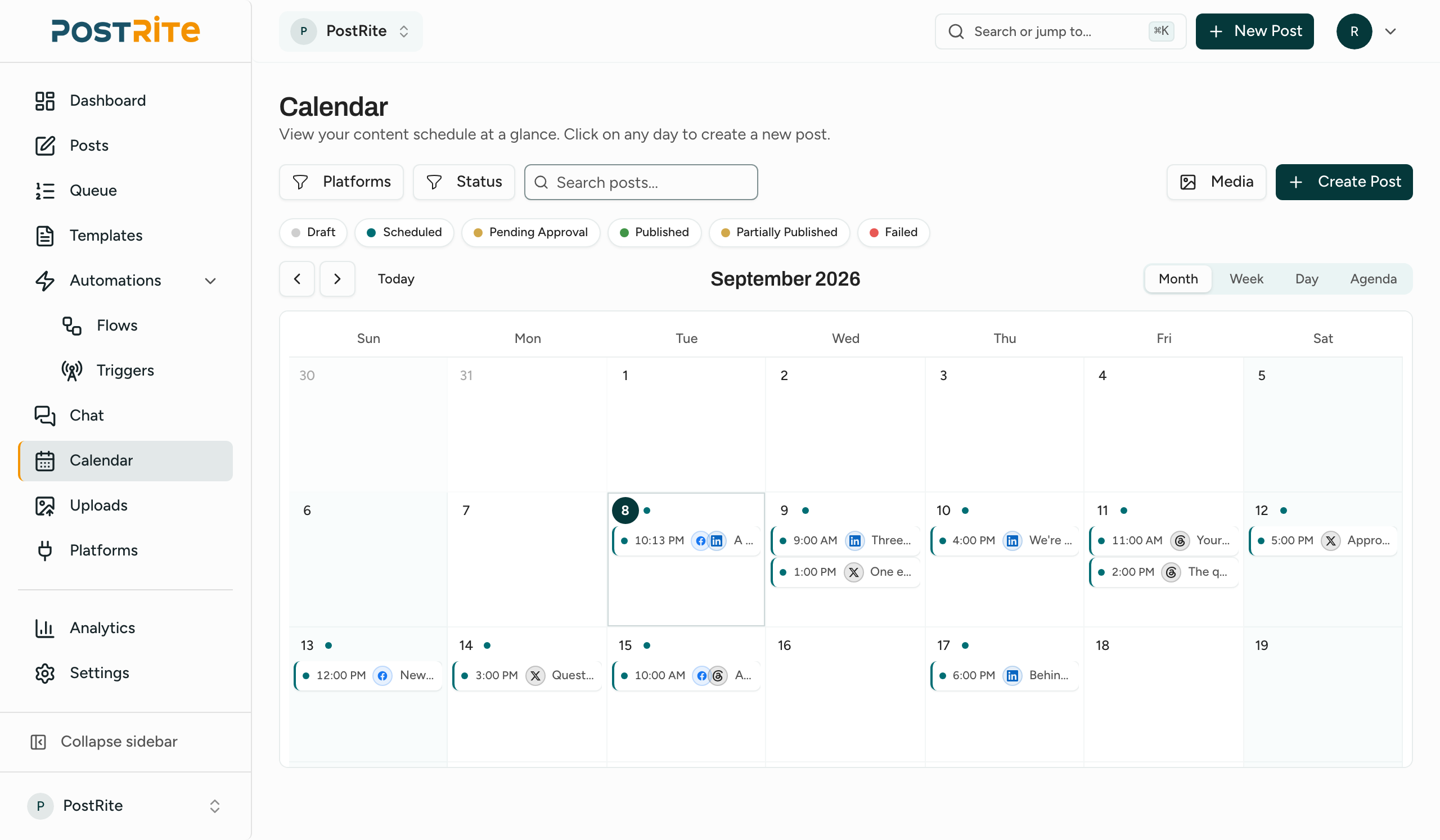 PostRite content calendar showing scheduled posts across the month