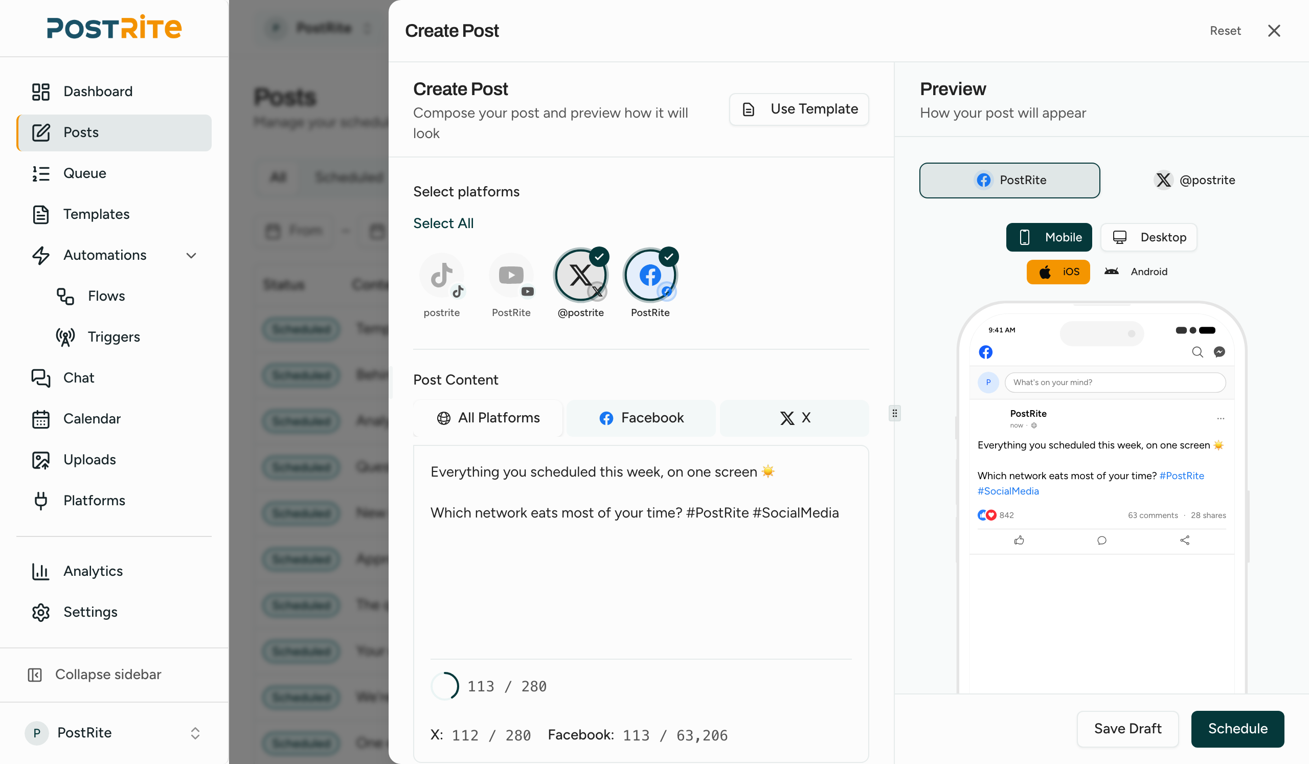 PostRite post editor with live per-platform previews