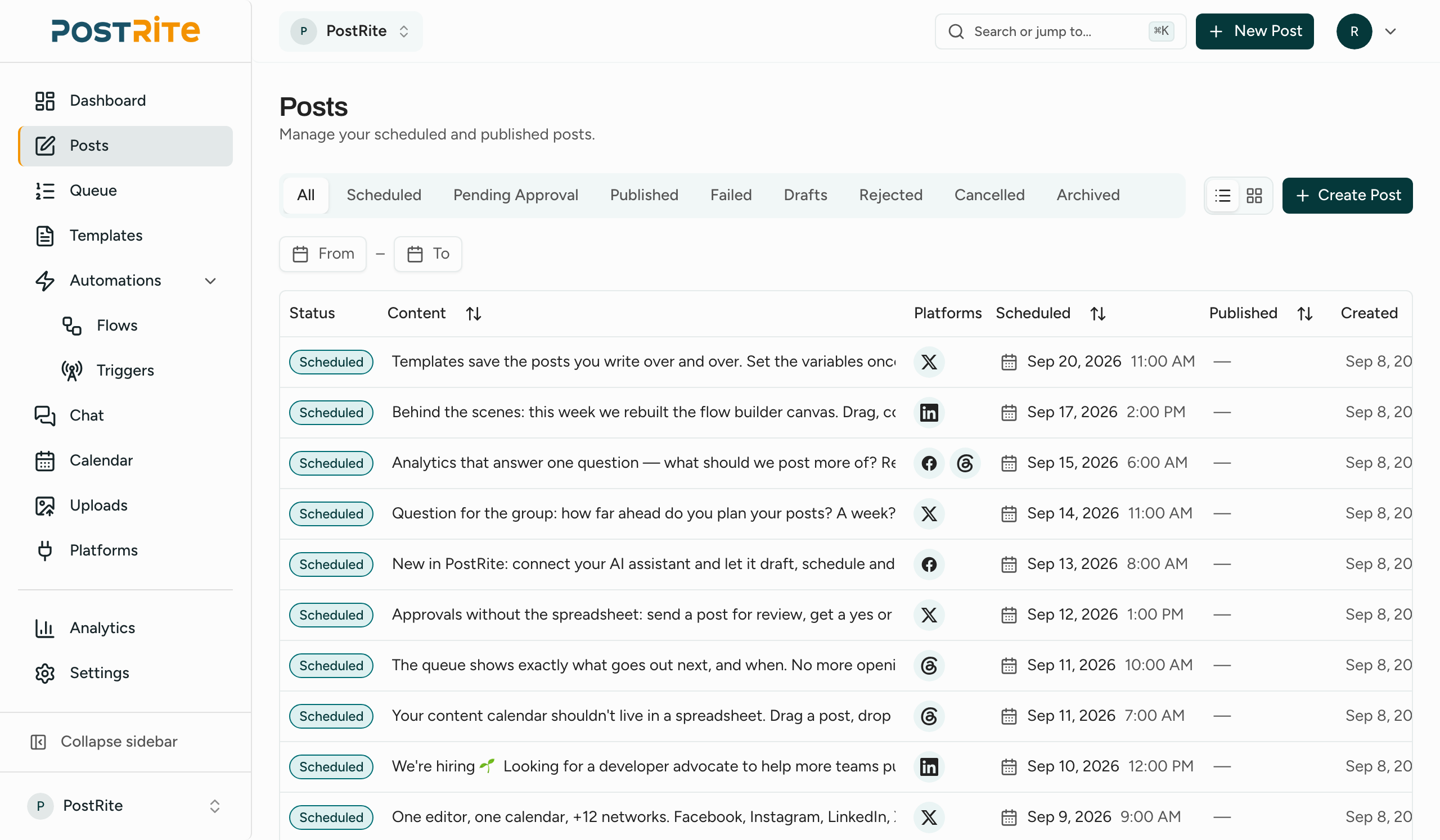 PostRite posts list showing drafts, scheduled and published posts with their status per platform