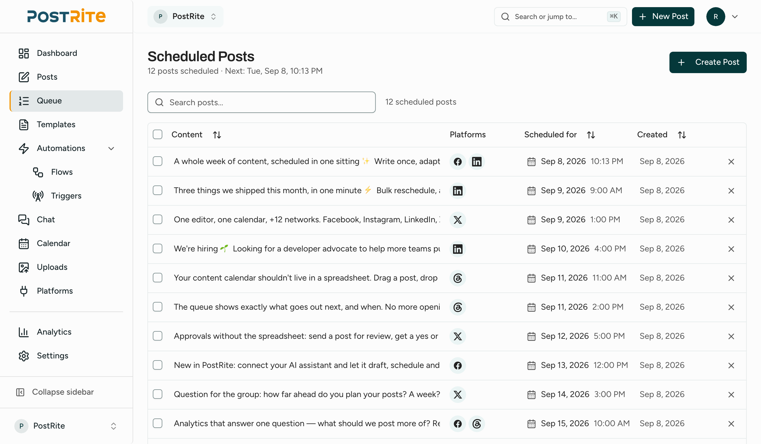 PostRite publishing queue listing upcoming and past posts with their status