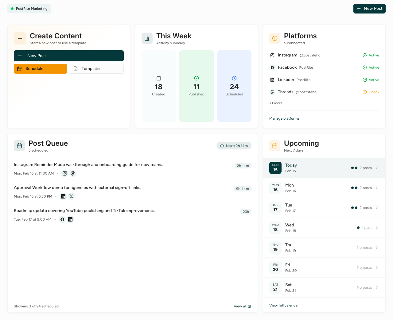 PostRite dashboard screenshot with post queue, weekly summary, platforms status, and calendar preview