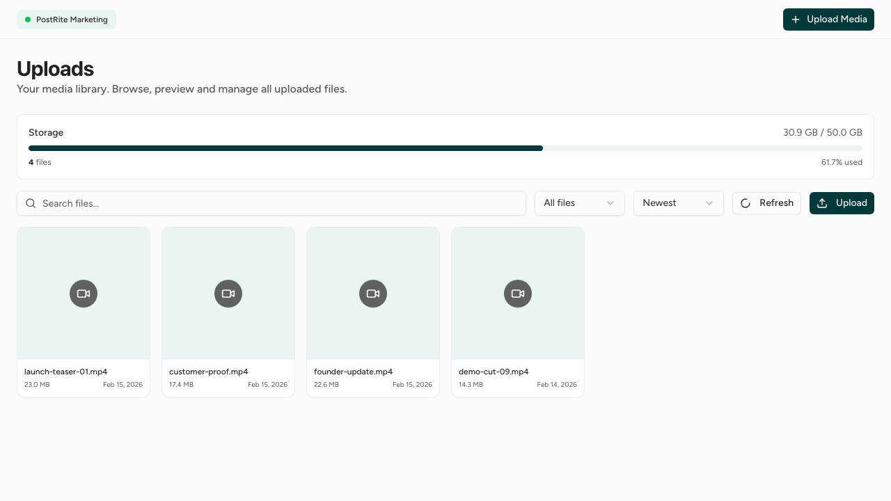 PostRite uploads and media library with asset grid, storage usage, and upload queue